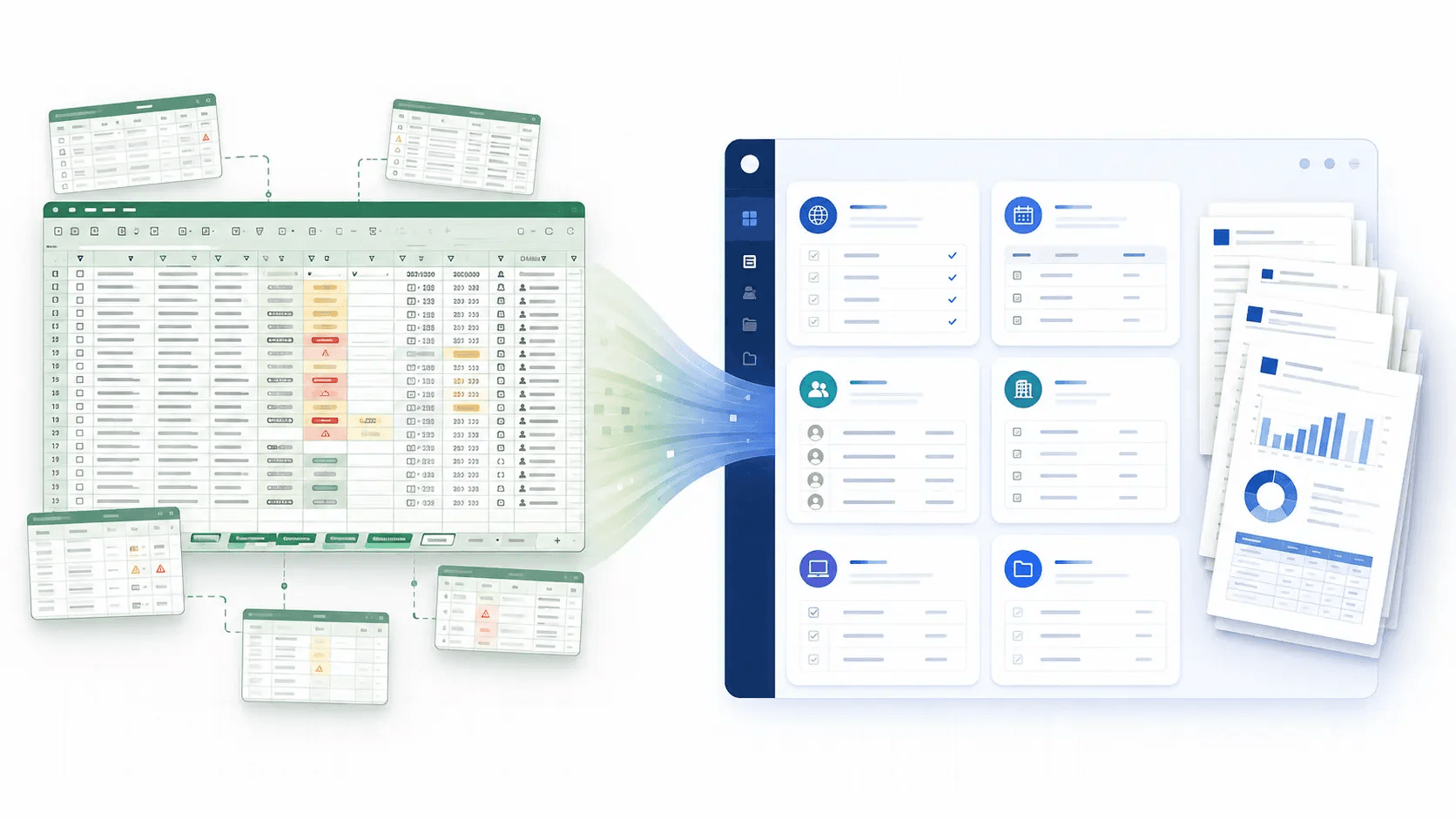 Spreadsheet-based IT governance flowing into structured registers, public checks, and management-ready reports.