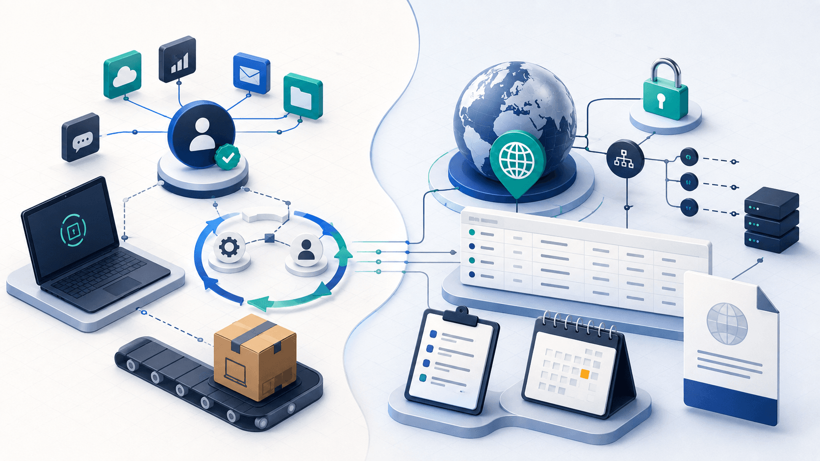 Two IT operating models: workforce identity and device control beside public checks, registers, renewals, and evidence reports.