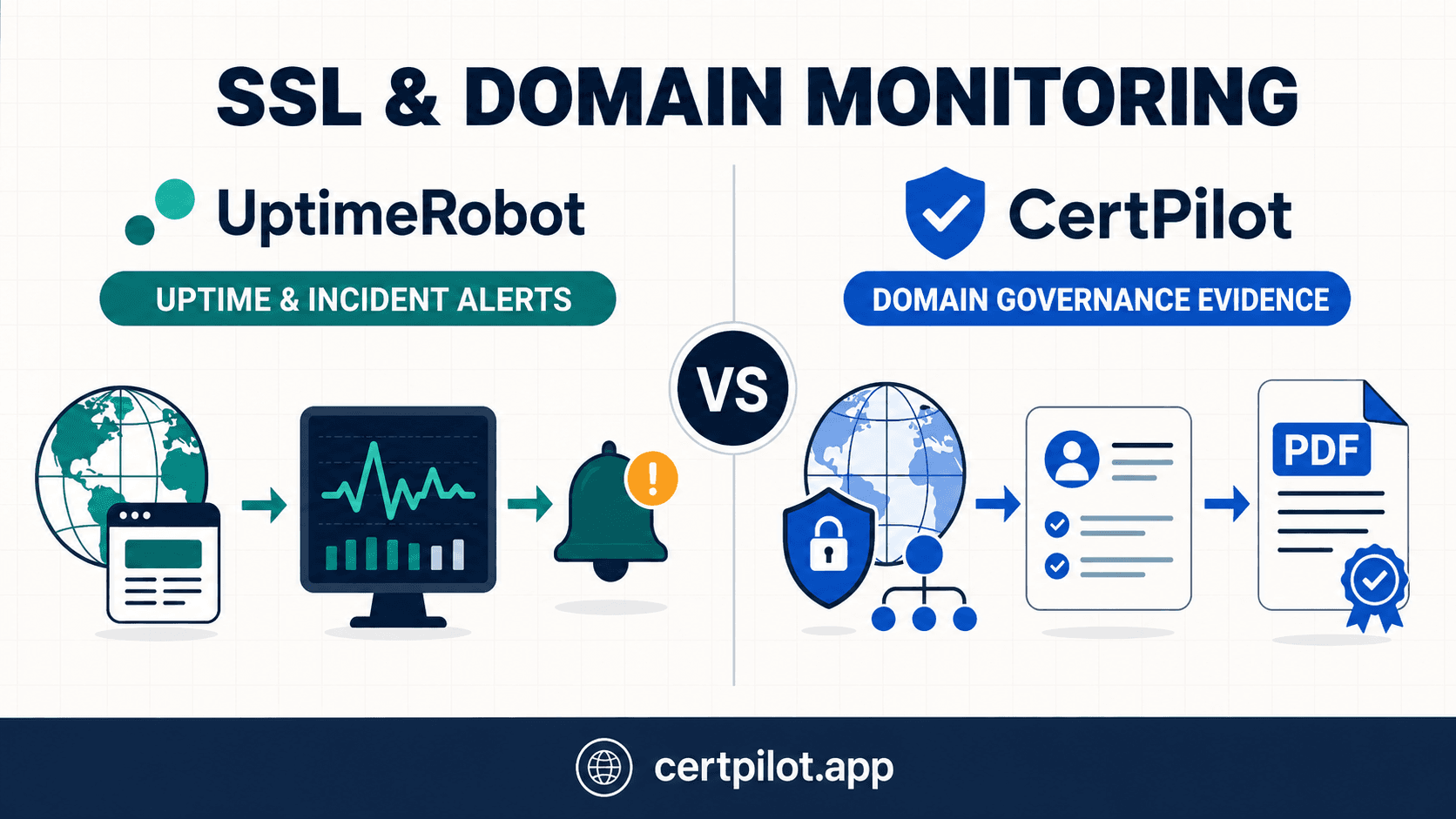 UptimeRobot incident alerts compared with CertPilot domain governance evidence.